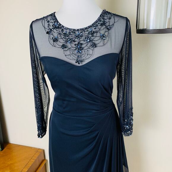 Patra Size 10 Illusion Jeweled Neck Draped Gown Dress Navy Blue Wedding Cocktail - Picture 3 of 14